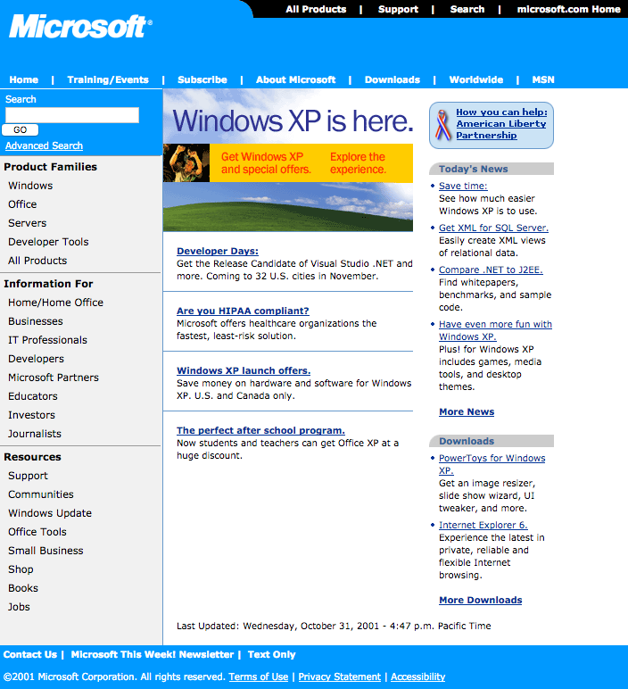 Homepage with Windows XP launch (2001)